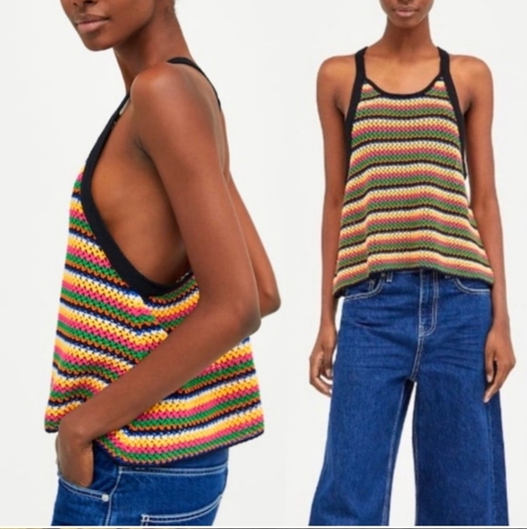 ZARA Knit Multicolor Crochet Oversized Racerback Top Colorful Stripe M - Picture 1 of 7